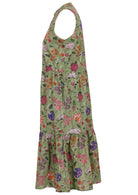 Green based multi-coloured folk art style florals cotton dress on a white background.