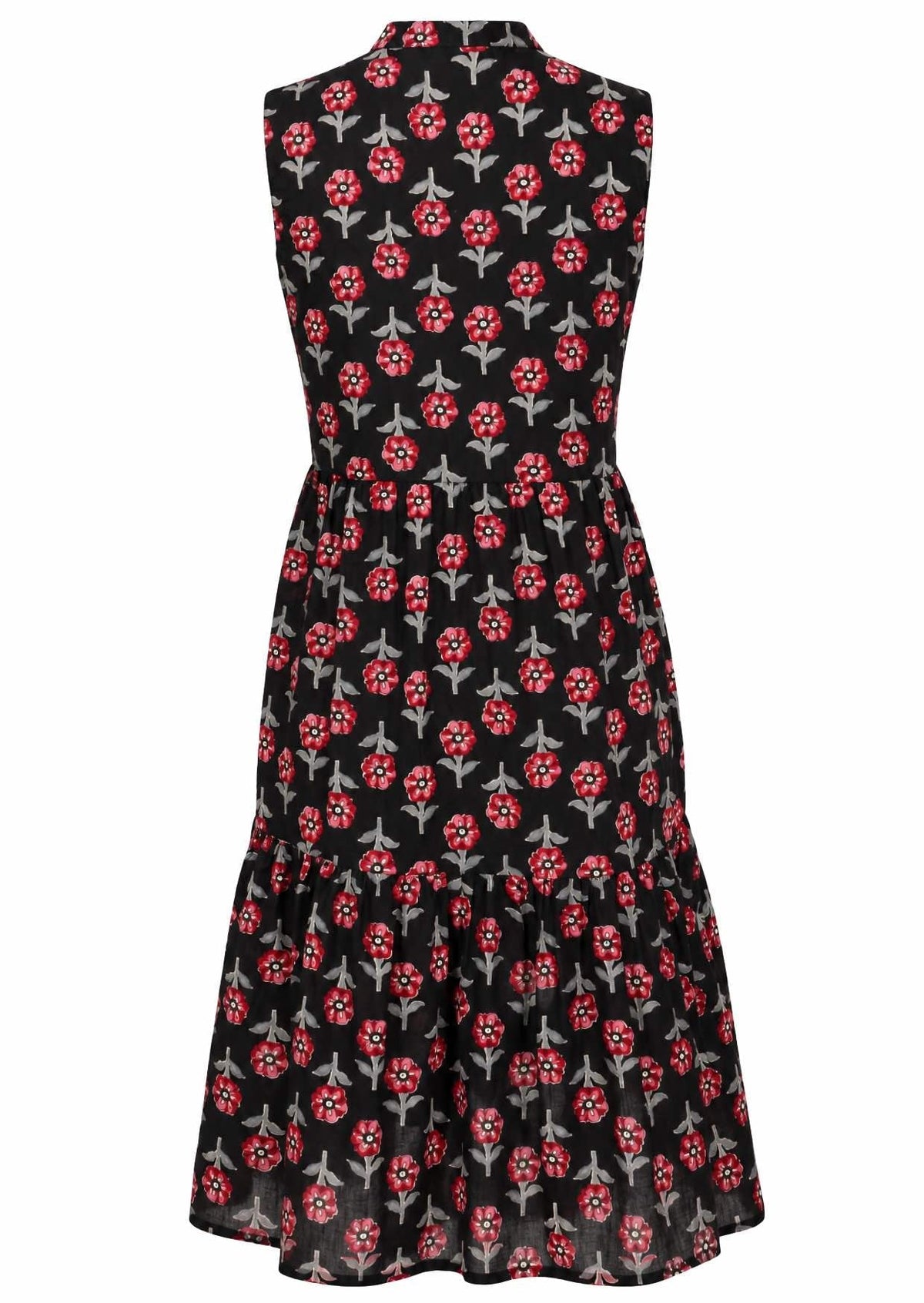 Back view of sleeveless, below knee length cotton dress with two tiered skirt in black based floral print 