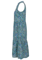 Sleeveless tiered cotton dress in blue and grey floral print on an aqua base, with hidden side pockets
