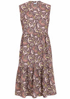 100% cotton sleeveless light brown floral dress with buttoned bodice, mandarin collar and two tiered skirt 