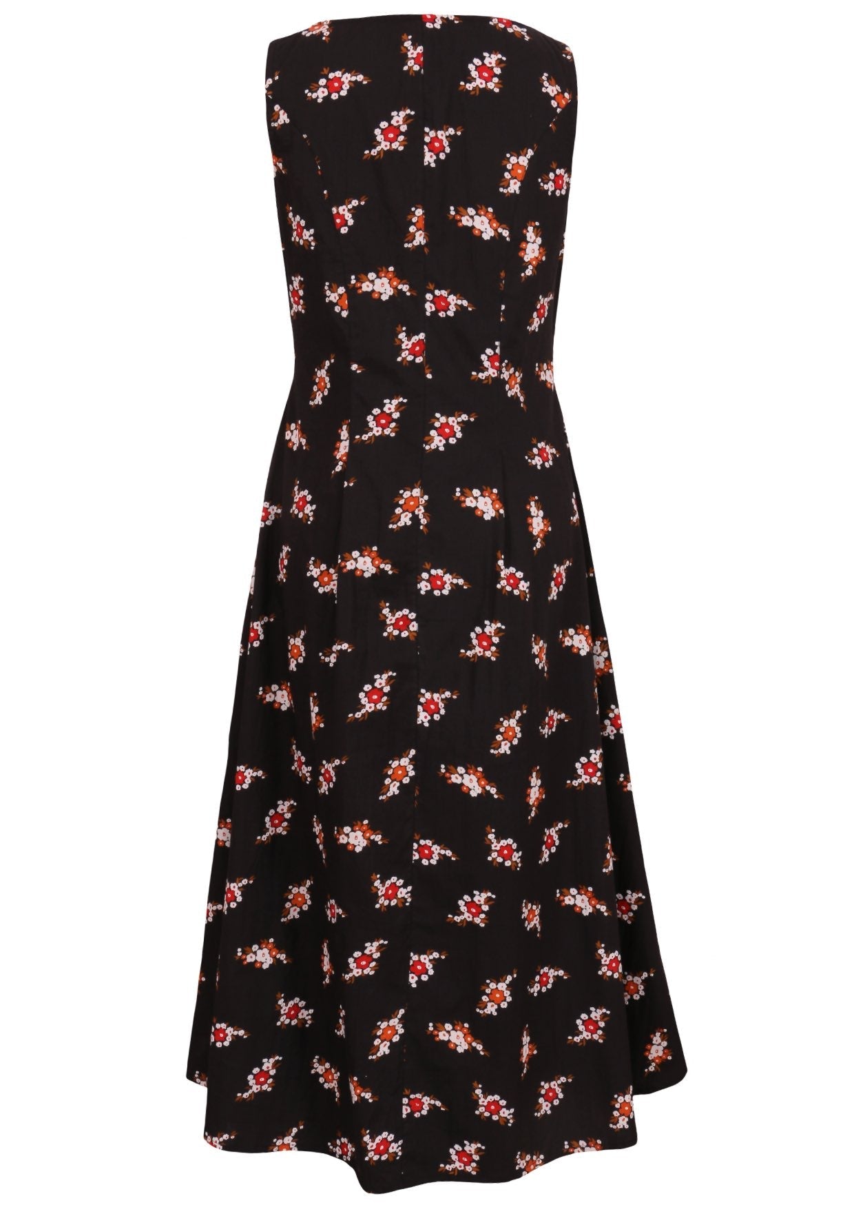 Back view of a sleeveless cotton maxi dress with floral clusters on a black base