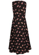 Back view of a sleeveless cotton maxi dress with floral clusters on a black base