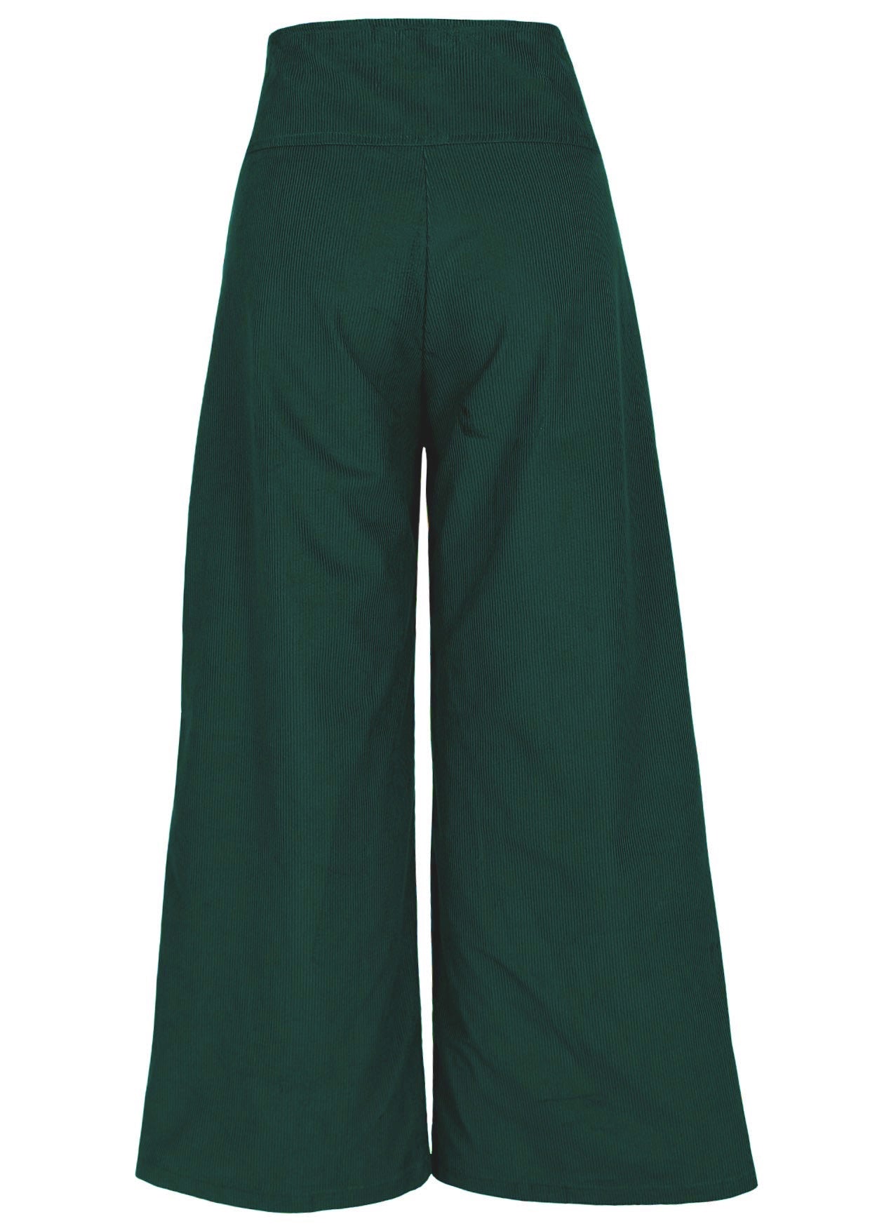 Back view of cotton corduroy wide leg pants with wide waistband