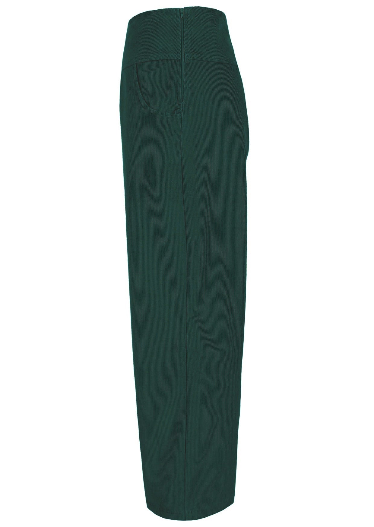Side view of cotton corduroy wide leg pants with pockets and side zip