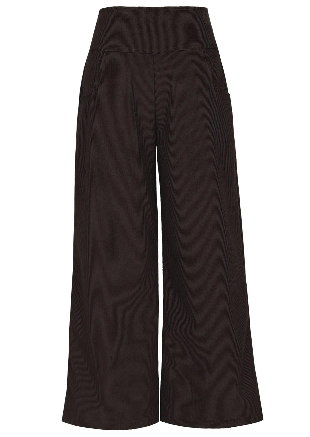 Front view of cotton corduroy wide leg pants with side zip and pockets