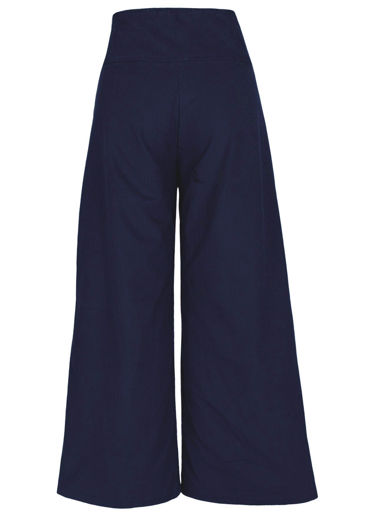 Back view of navy blue cotton corduroy wide leg pants with pockets and side zip