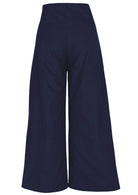 Back view of navy blue cotton corduroy wide leg pants with pockets and side zip
