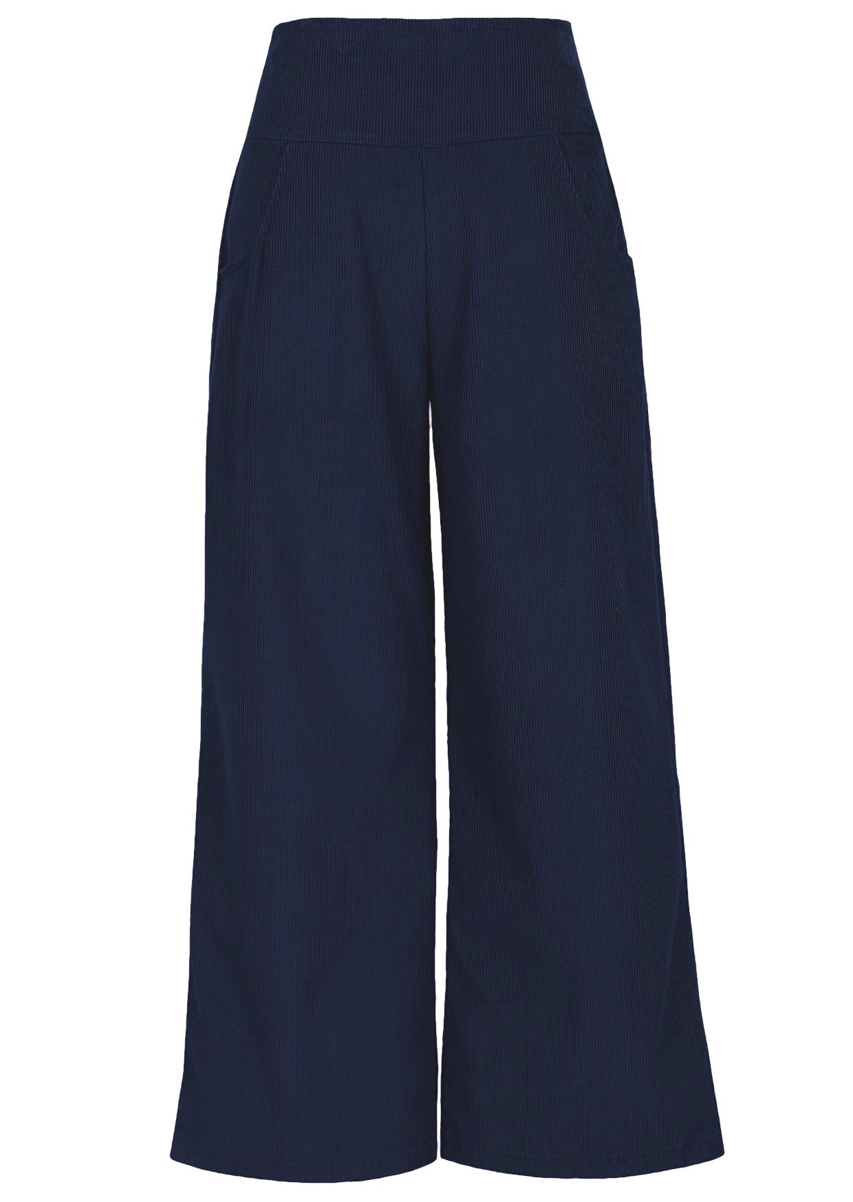 Navy blue cotton corduroy wide leg pants with pockets and side zip