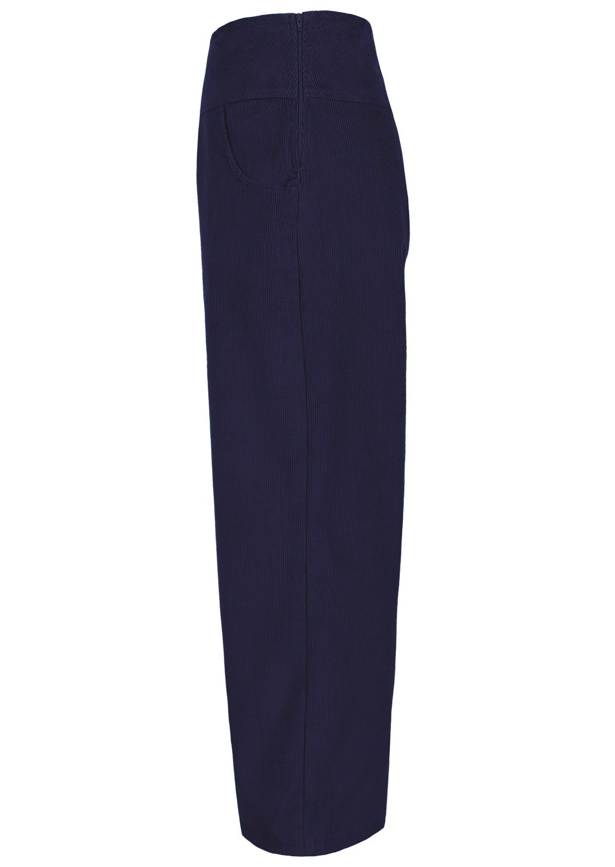Side view of navy blue cotton corduroy wide leg pants with pockets and a side zip