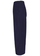 Side view of navy blue cotton corduroy wide leg pants with pockets and a side zip