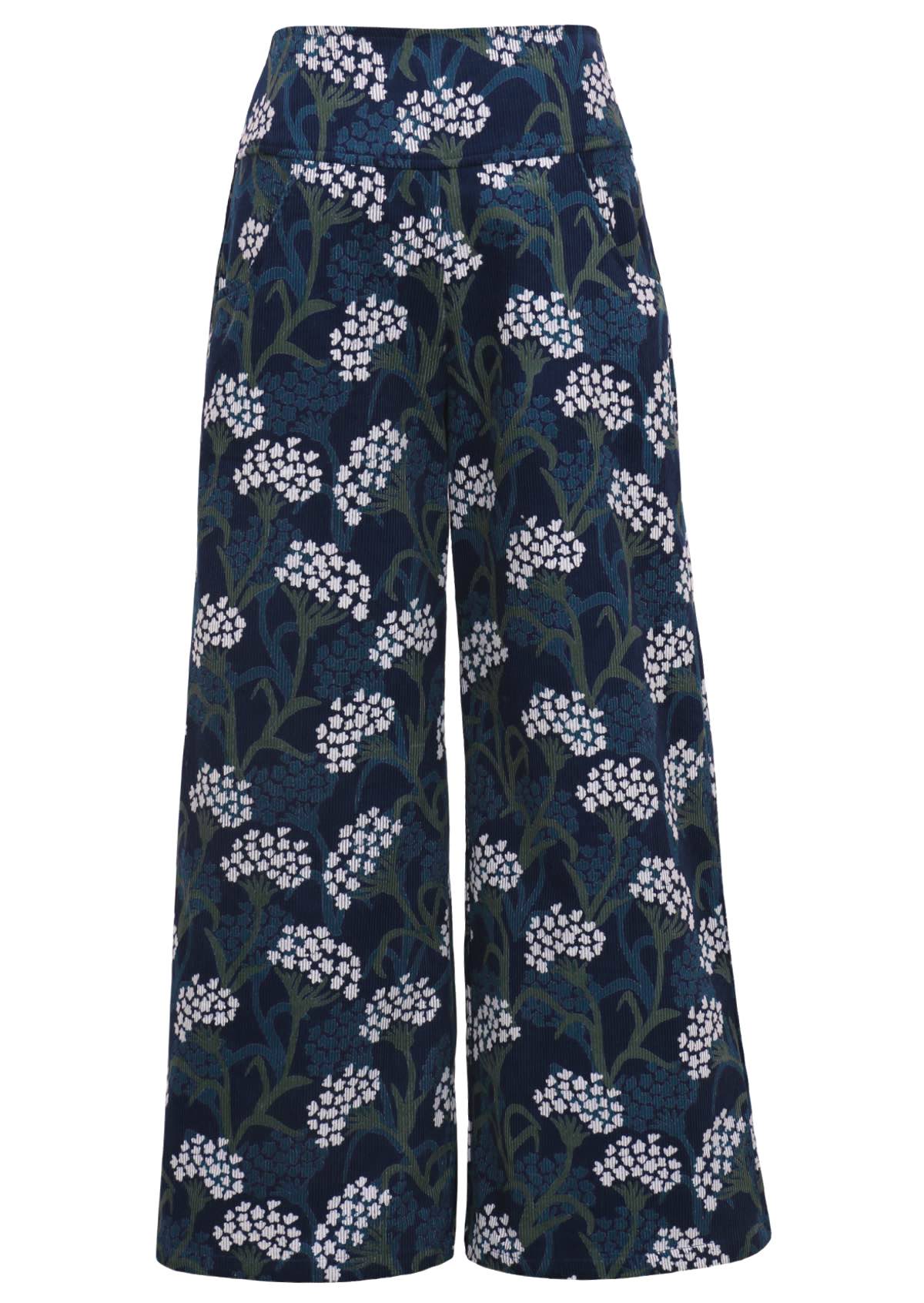 Cotton mid-wale corduroy wide leg pants with floral print on dark blue base, with pockets