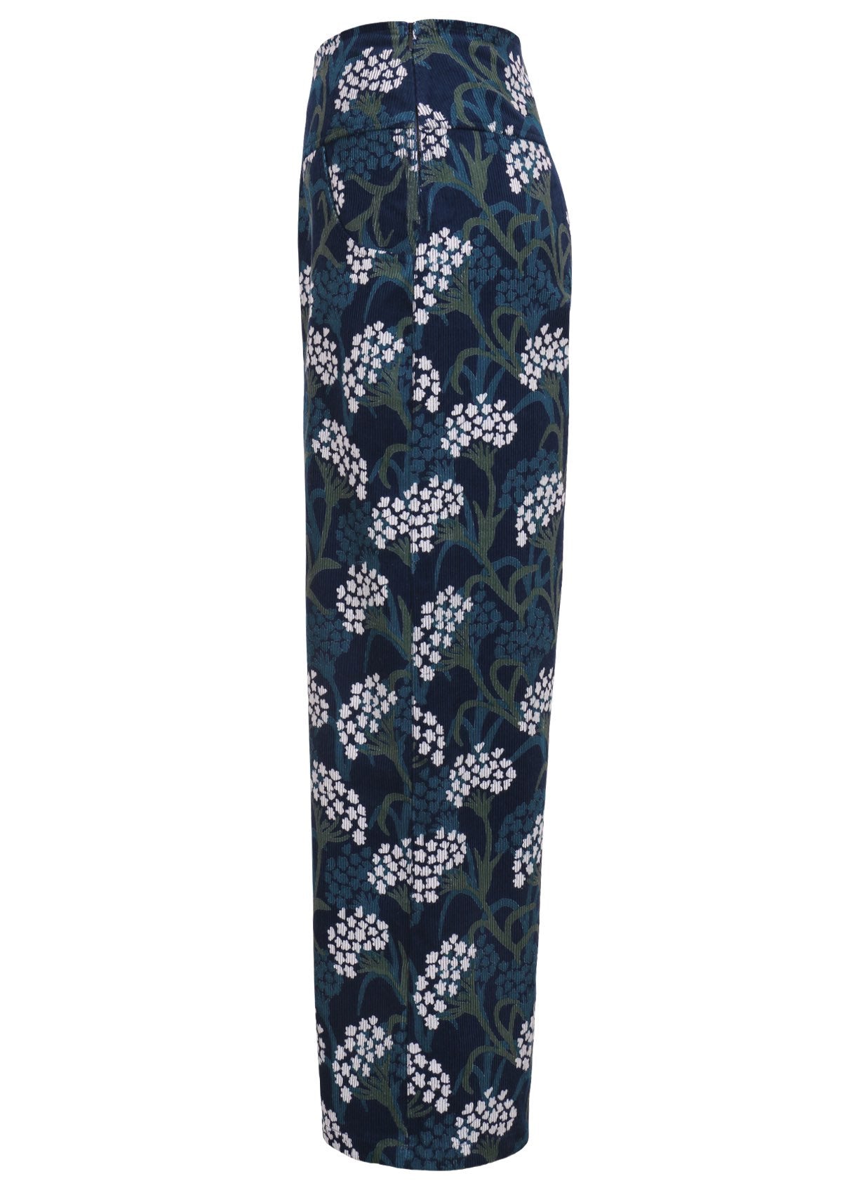 Blue, green and white floral print on a dark blue base cotton corduroy pants with pockets and side zip