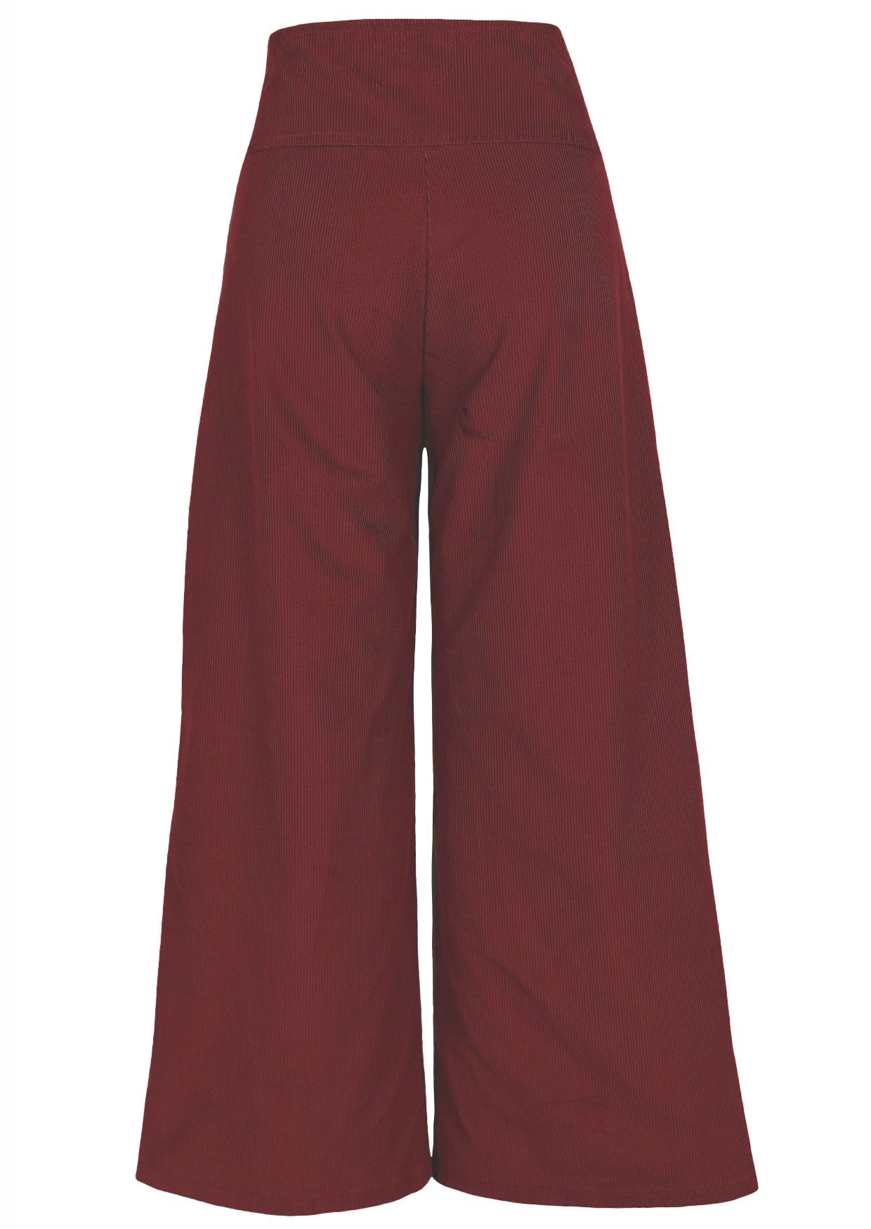 Back view of cotton corduroy wide leg pants with wide waistband