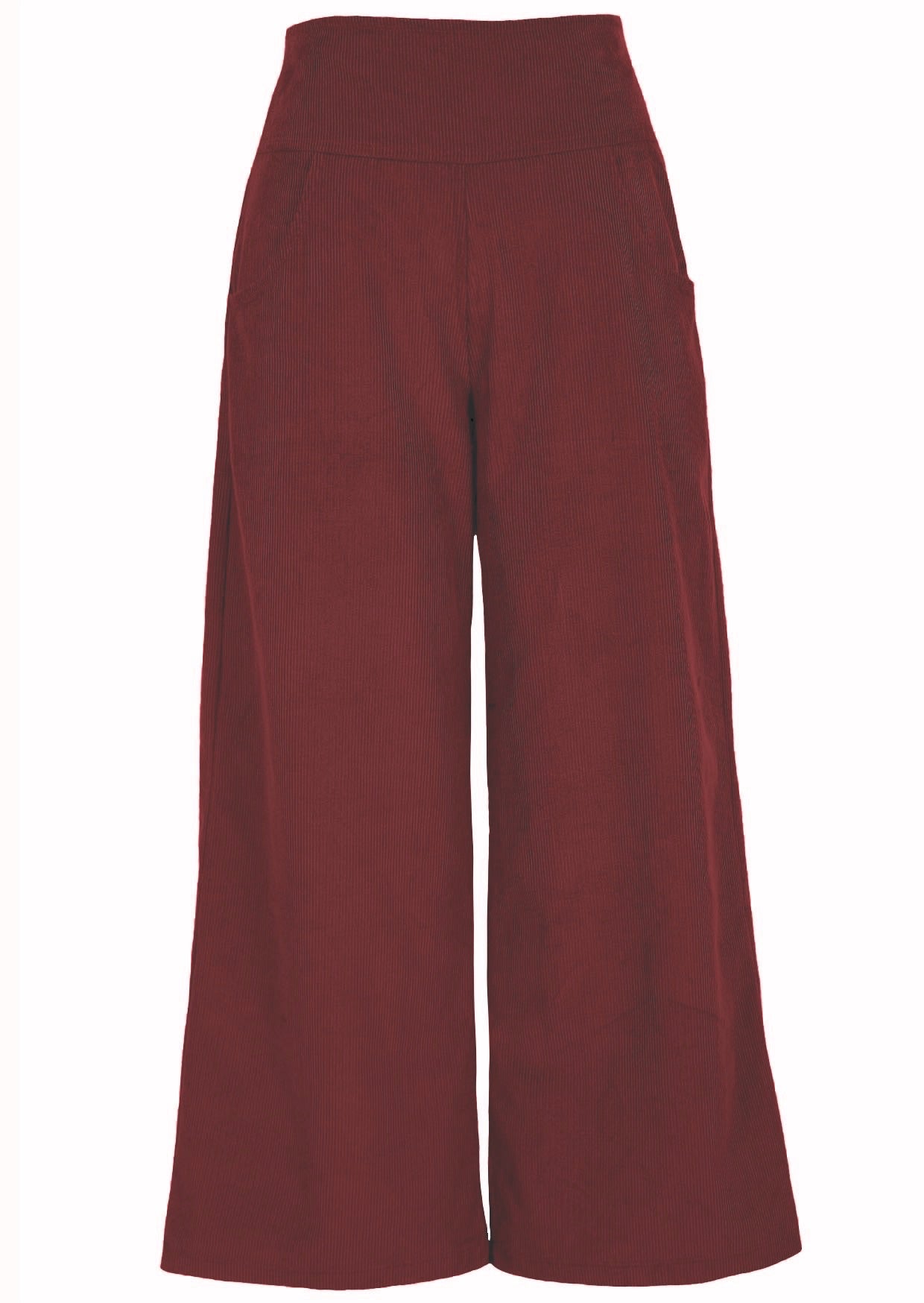 Front view of cotton corduroy wide leg pants with pockets