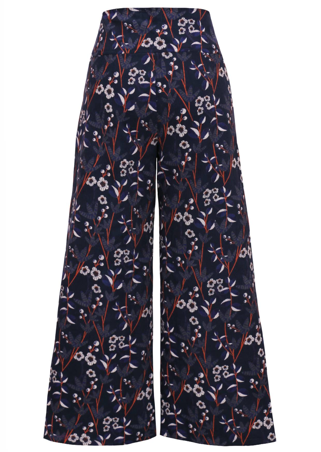 Cotton corduroy high waisted wide leg pants in retro floral print