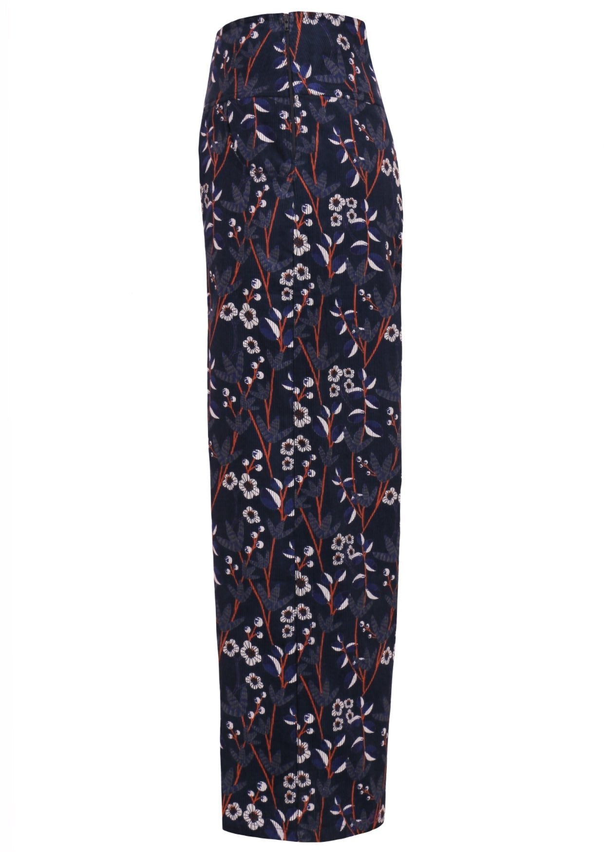 Cotton corduroy wide leg pants in retro floral print, with pockets and side zip