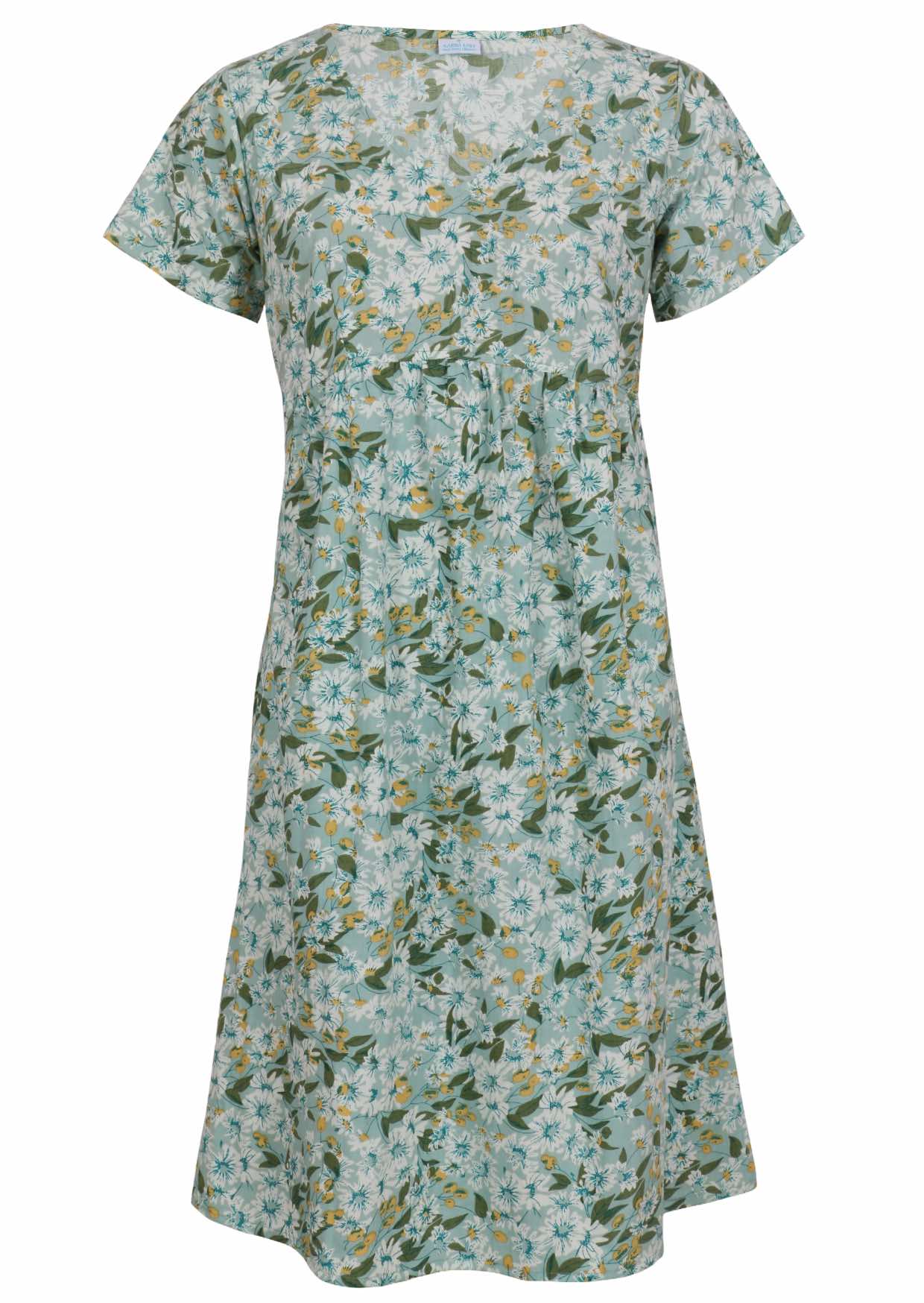 100% cotton, short sleeve dress with V neckline in sage green based floral print.