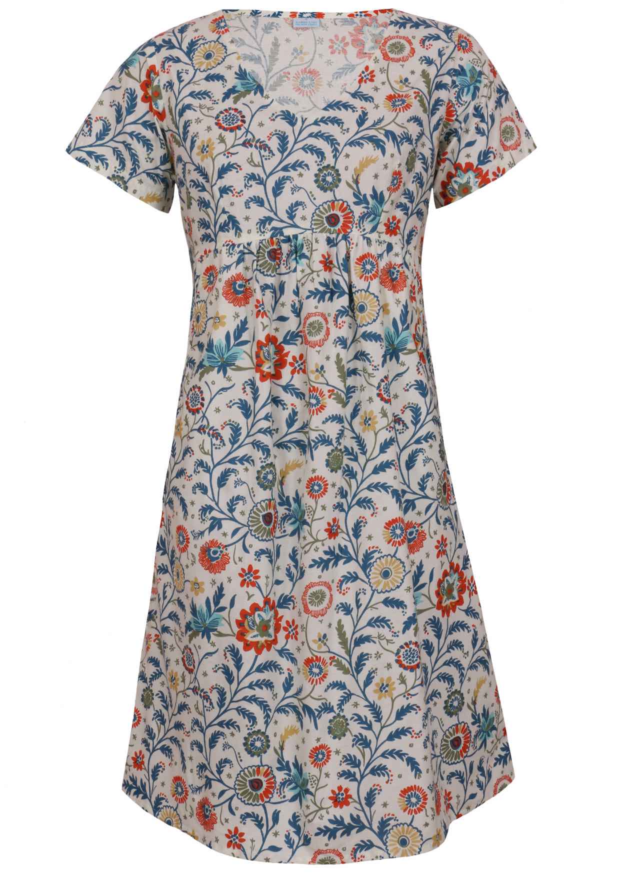100% cotton, short sleeve dress with V neckline in white based floral print ghost mannequin image front view
