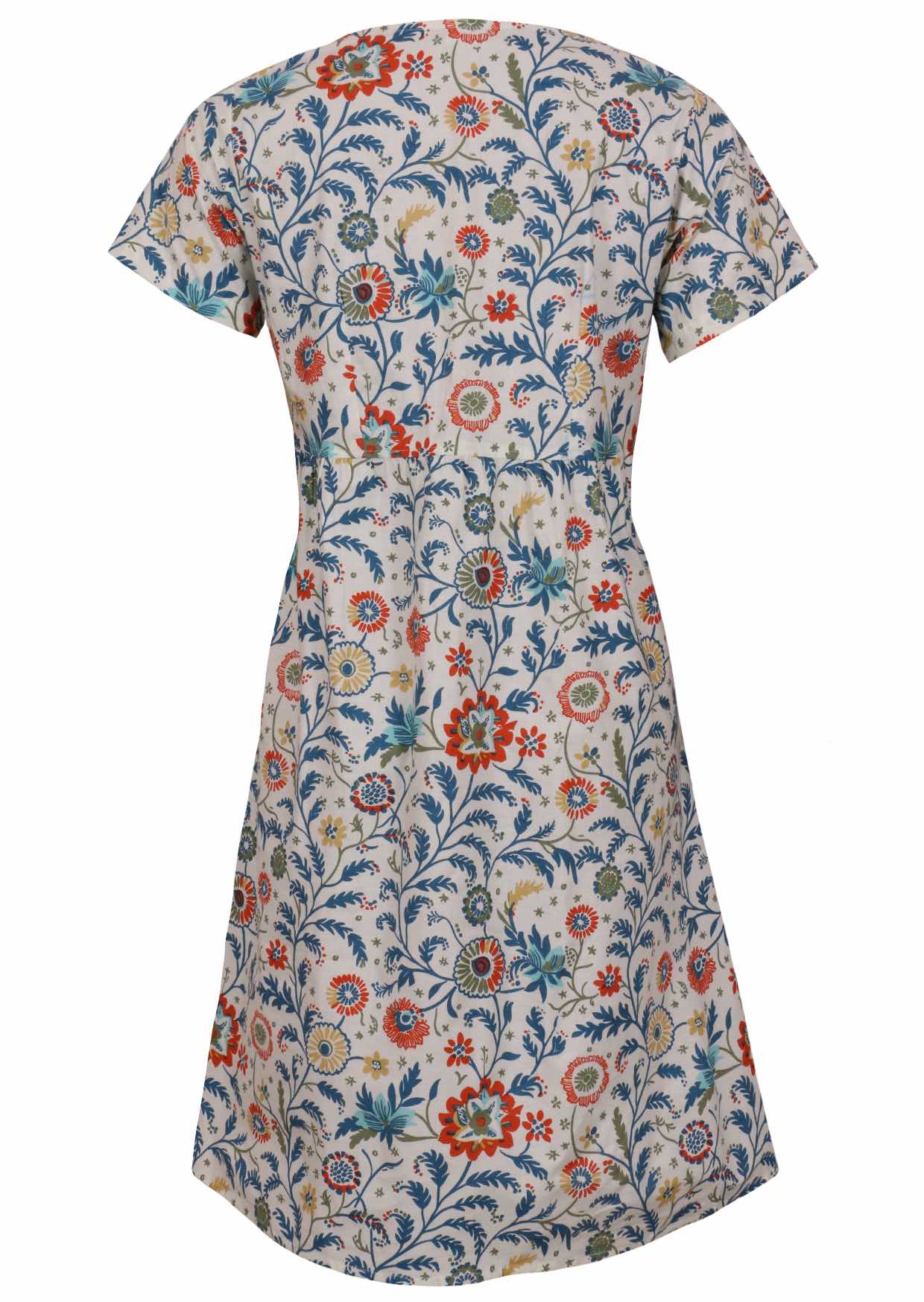 ghost mannequin back image of relaxed fit, 100% cotton dress in white based floral print.