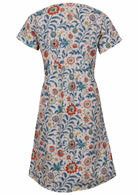 ghost mannequin back image of relaxed fit, 100% cotton dress in white based floral print.