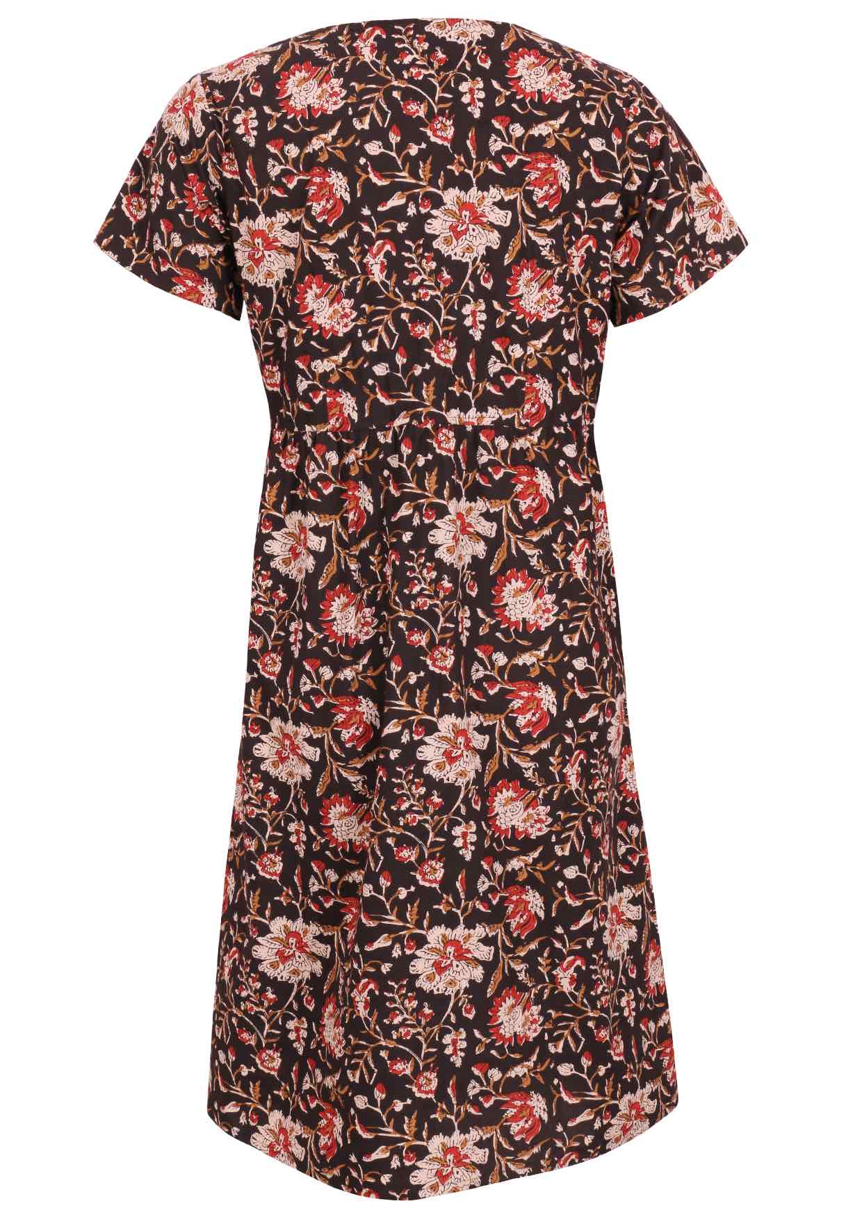 Back image of relaxed fit, 100% cotton dress in black based floral print.