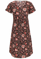 100% cotton, short sleeve dress with V neckline in black based floral print.