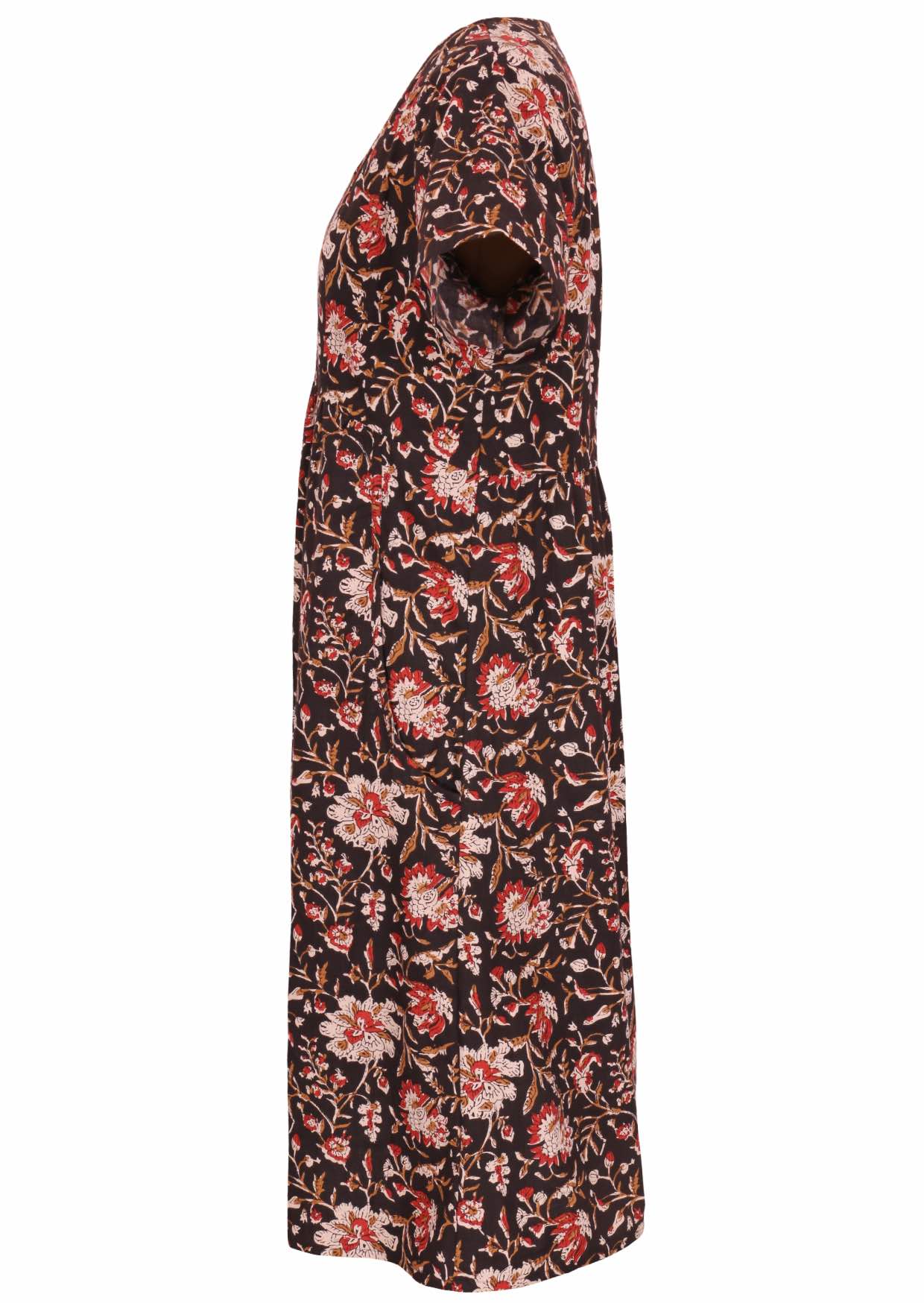 Side image short sleeved dress with pockets and V neckline.