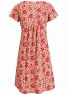 100% cotton, short sleeve dress with V neckline in cream based floral print.