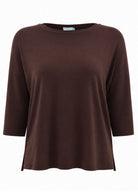 Front of soft stretch rayon jersey relaxed fit dark brown top with 3/4 sleeves and high round neckline