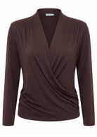Soft stretch rayon jersey long sleeve false wrap front top in dark brown