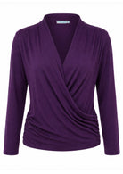 Purple soft stretch rayon long sleeve false wrap front top