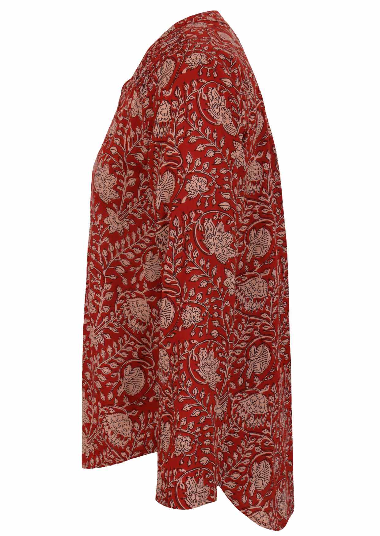 Long sleeve cotton top that is longer at the back with red based floral print