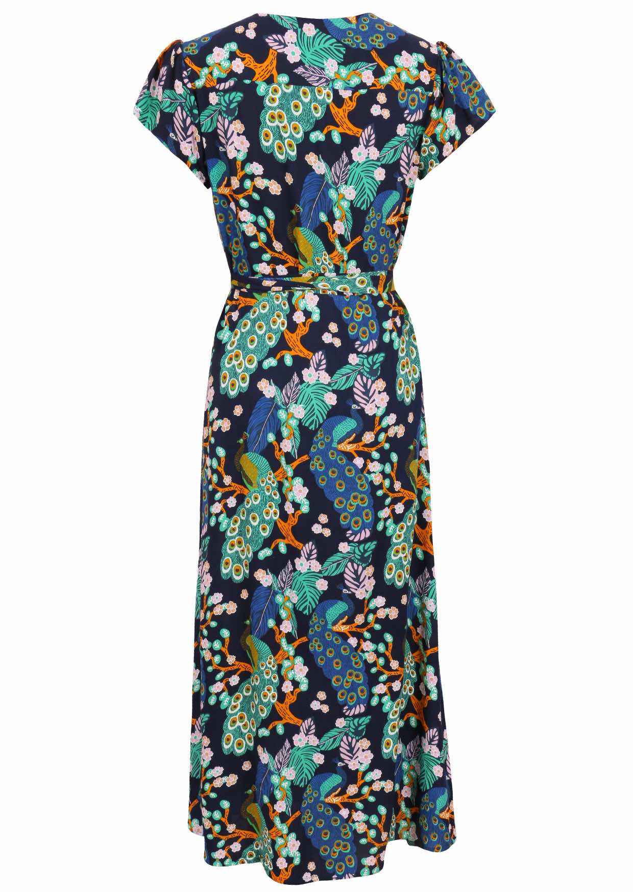 Blue based floral print Rayon wrap dress with belt to secure.