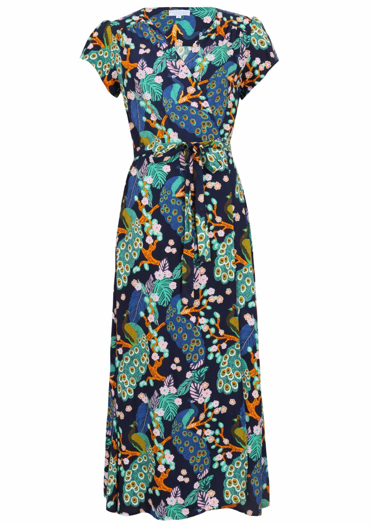 Blue based floral print Rayon dress with V-neckline.