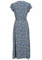 Blue based block style floral print Rayon wrap dress with belt to secure.
