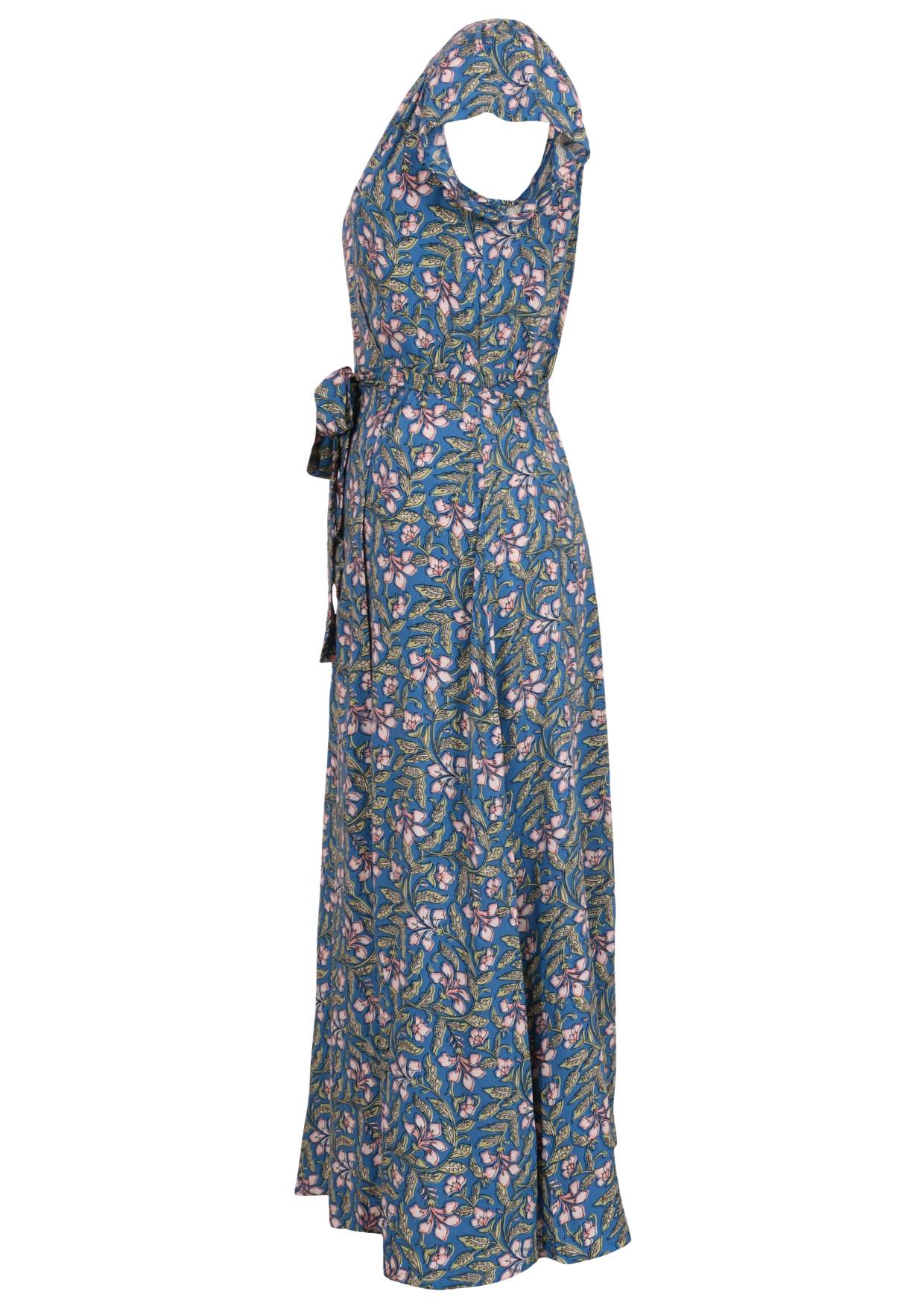 Blue based block style floral print Rayon short sleeve dress.