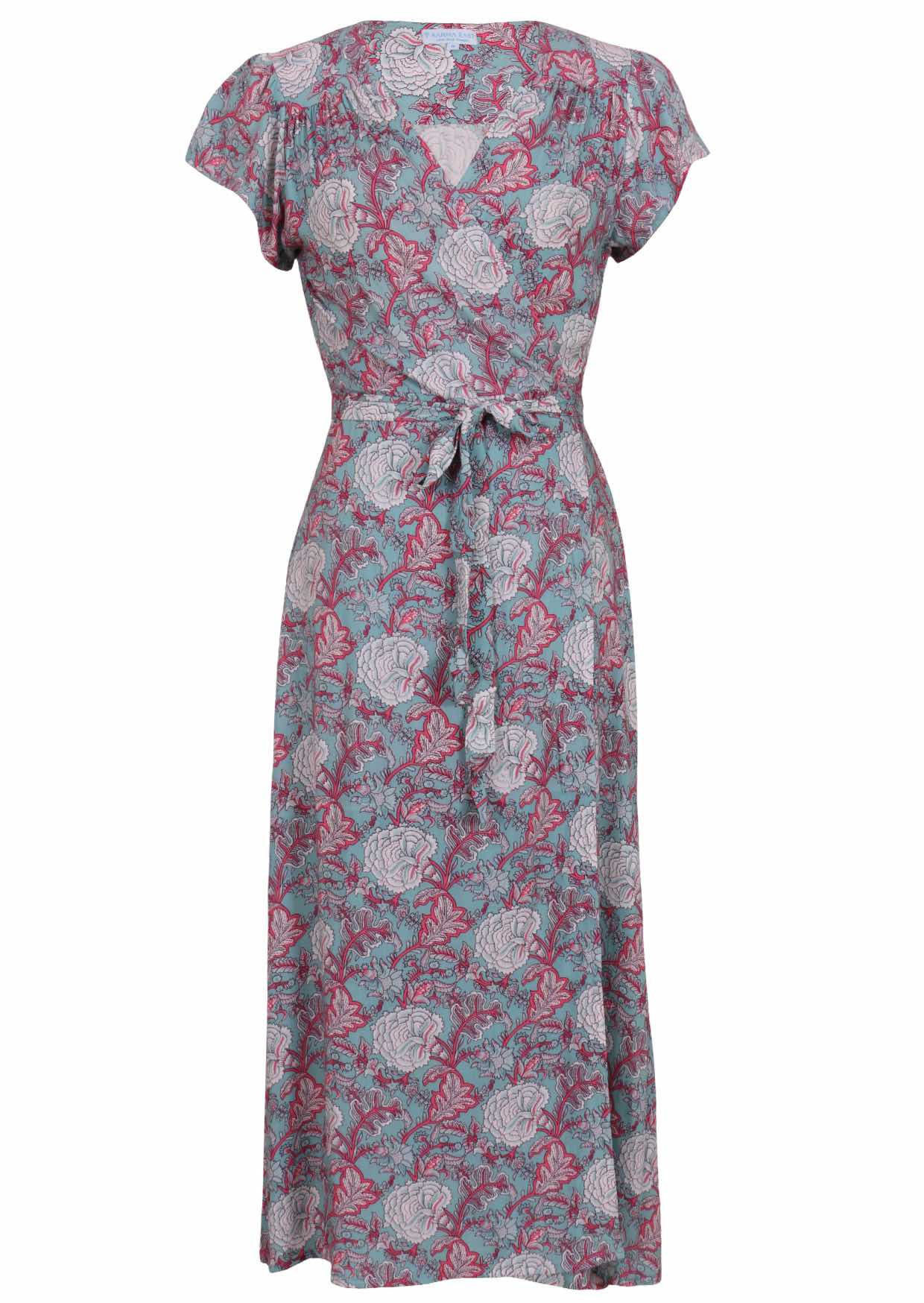 Blue based pink and white floral print rayon dress with V - neckline.