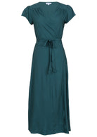 Teal rayon wrap dress with ties for closure, butterfly sleeves and gathers at front of shoulders