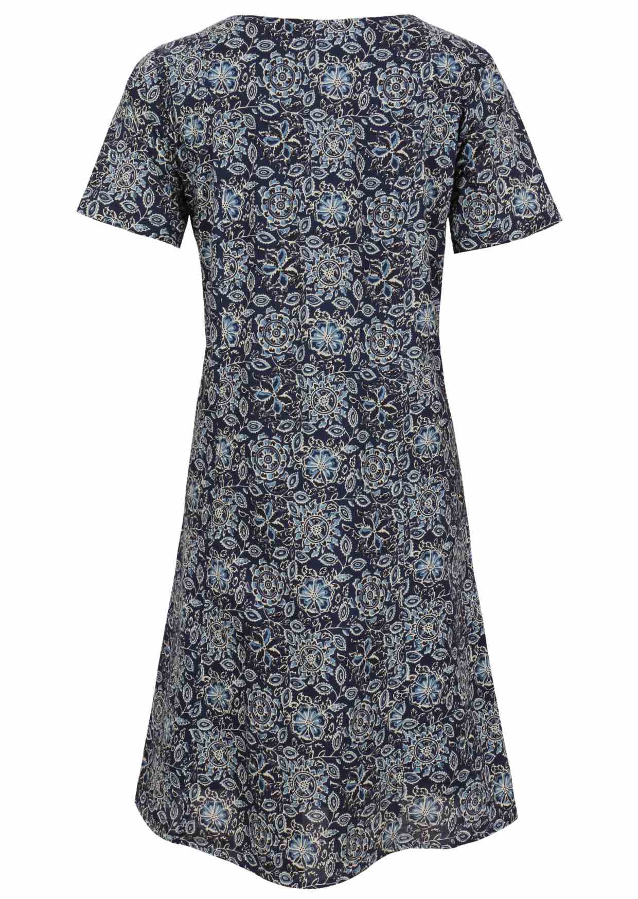 Back view of cotton dress with round neckline in navy blue based floral print. 