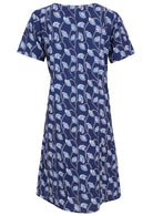 Back view of cotton dress with round neckline in navy blue based floral print. 