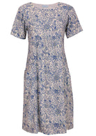 White based blue floral printed cotton dress with pockets.