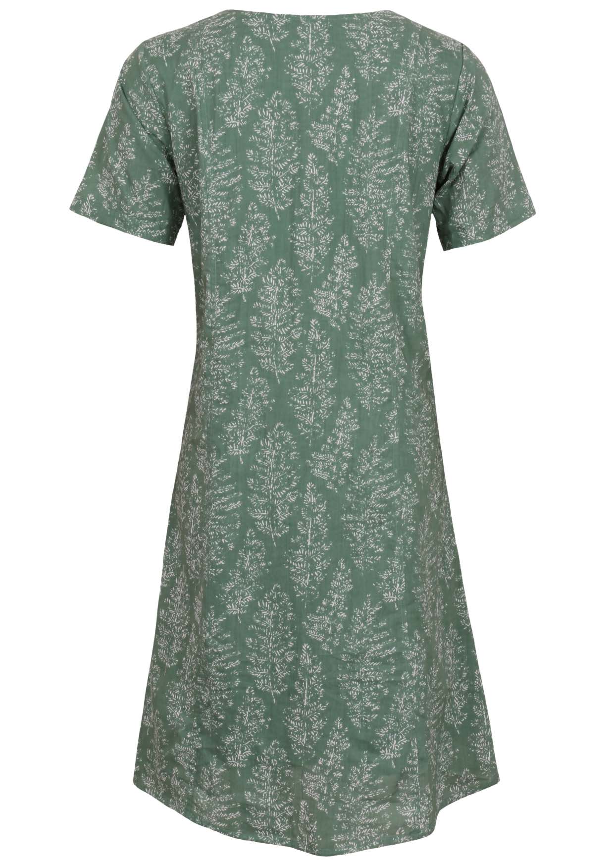 Back view of cotton dress with round neckline in sage green based floral print. 