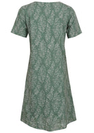 Back view of cotton dress with round neckline in sage green based floral print. 