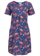 100% Cotton Blue Floral dress with pink and red flowers on a blue background