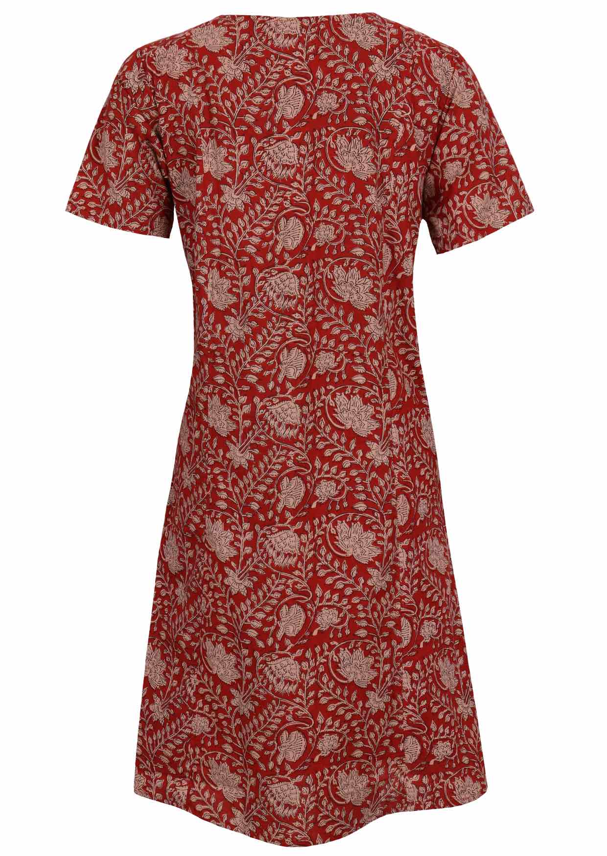 Back view of cotton dress with round neckline in red based floral print. 
