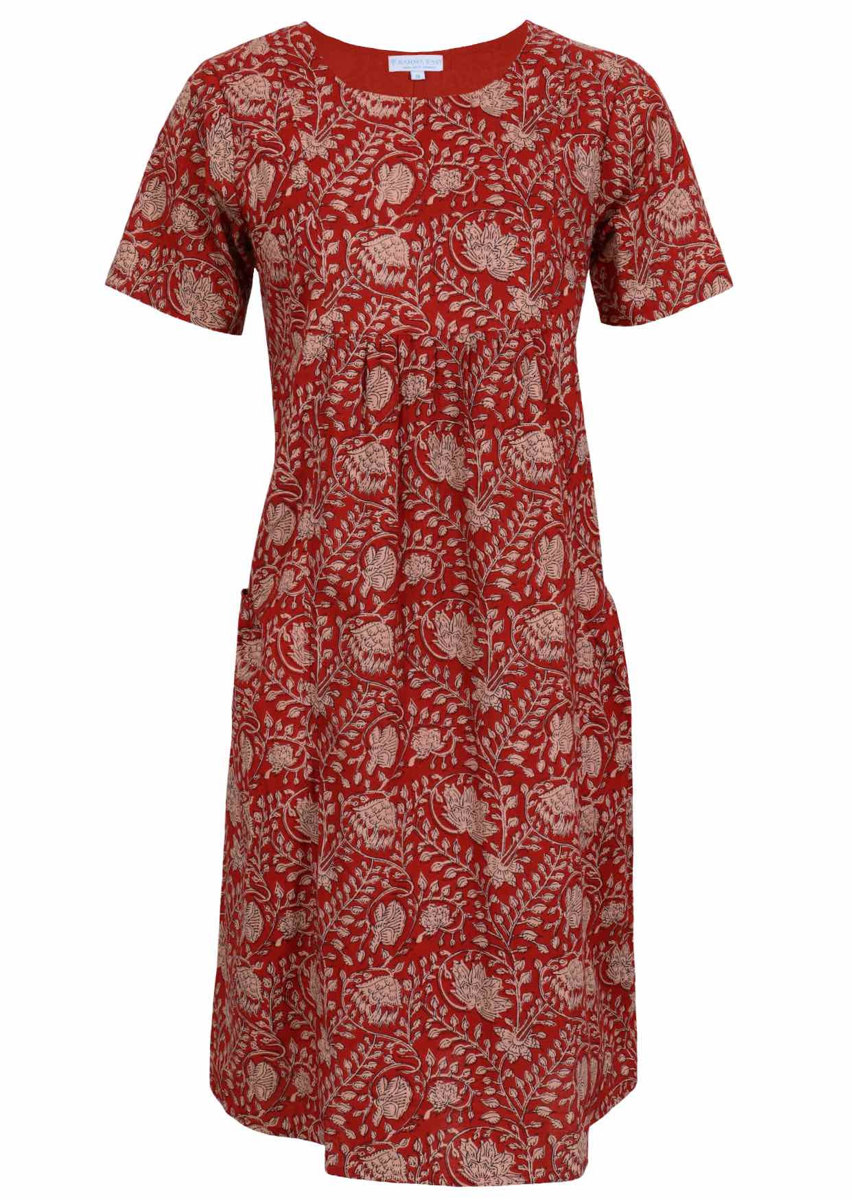 Front view of cotton dress with round neckline in red based floral print