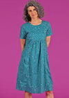 Model in fully lined relaxed fit cotton spotty dress