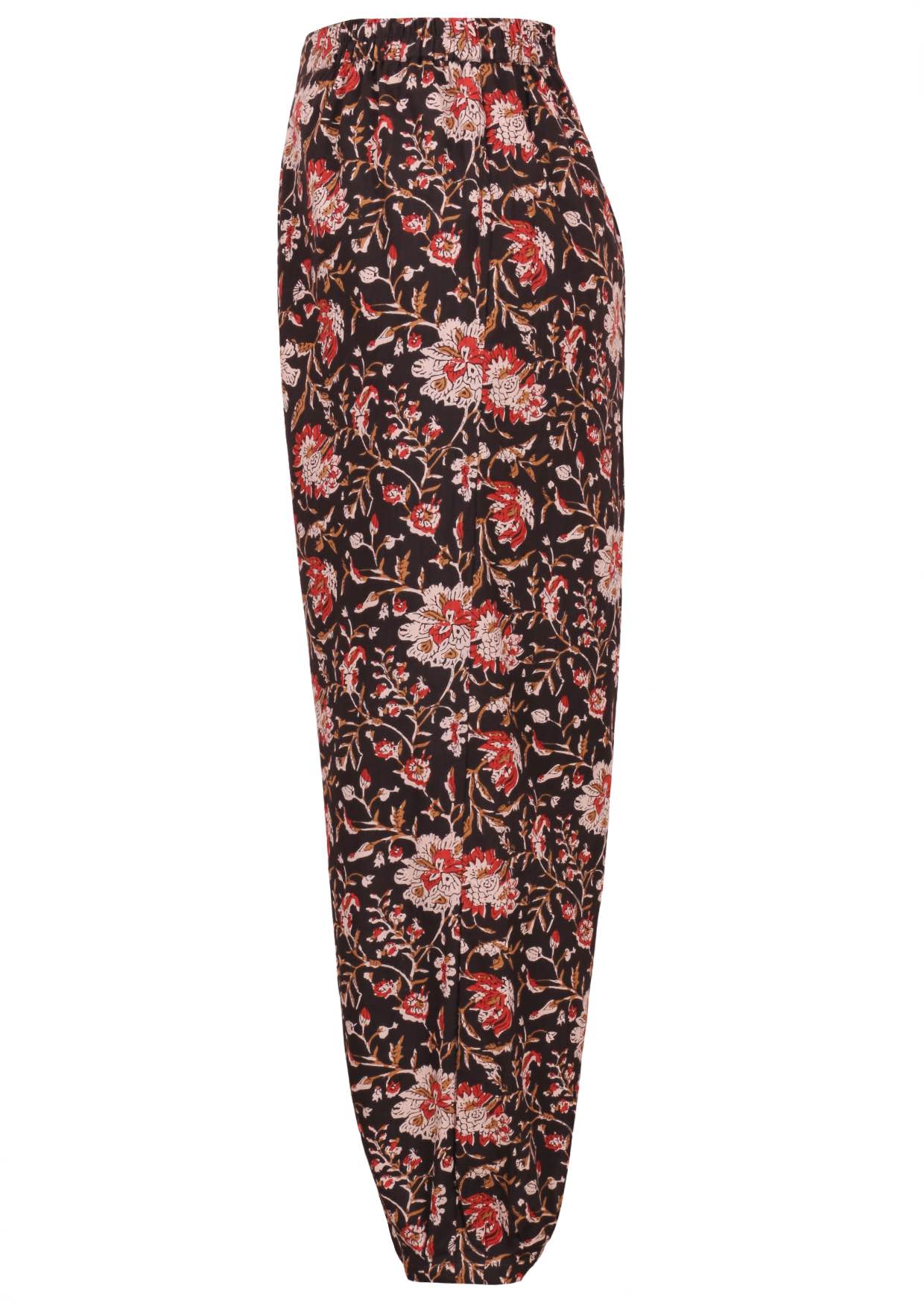 Black based traditional Indian floral print cotton pants with pockets.