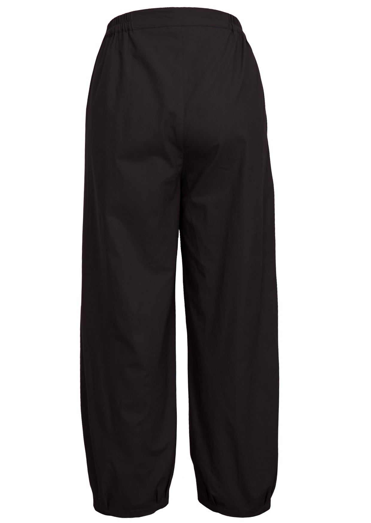 Back view of 100% cotton tapered wide leg pants with elastic waist and pockets