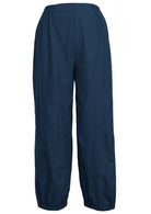 100% cotton wide leg harem pants in deep sea blue with elastic sides of waist, pockets and pleated ankles.